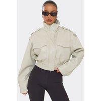 EGO Women's Long Sleeve High Neck Pocket Detail Faux Leather Cropped Jacket in Ecru | Size: 10