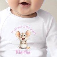 Aye Do Gifts Girl's Personalised Pink Mouse Welcome to the World Babygrow | Name UK in White | Size: 0-3 m