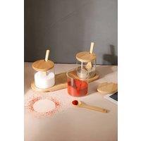 Living and Home 3Pcs Glass Spice Jars Seasoning Box Set with Bamboo Spoons & Base for Kitchen in Clear