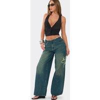 EGO Women's Wide Leg Frayed Denim Low Rise Jeans in Dark Blue | Size: 6