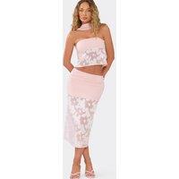 EGO Women's Panelled Floral Low Rise Midi Skirt in Baby Pink | Size: 10