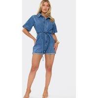 EGO Women's Short Sleeve Zip Denim Playsuit in Mid Blue | Size: 10