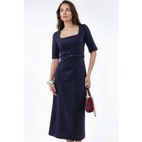 Busem Women's Belted Midi Dress with Square Collar in Navy | Size: Small