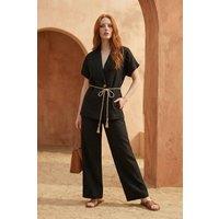 MyFashion Women's V-Neck Buttoned Blouse & High Waist Trousers Two-Piece Set in Black | Size: Large