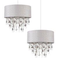 First Choice Lighting Pair of Large 40cm Easy Fit Shades in Grey with Acrylic Droplets in Silver