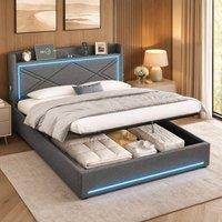 STILVORA 5ft King Ottoman Bed with LED & USB in Grey Linen