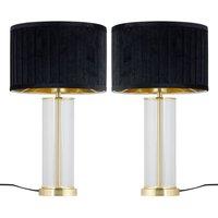 First Choice Lighting Set of 2 Aura - Satin Brass Lamps with Black Pleated Velvet Shades in Gold