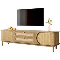 BTM Natural Wood TV Cabinet with Doors & Drawers, Rattan Style in Light Tan