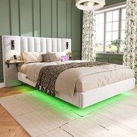BTM Velvet Bed with Charging, Storage Headboard & Bedside Lamps in White | Size: Double