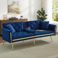 Merax 174cm Velvet Sofa Bed with Fold-Down Cup Holders & Gold Trim in Blue