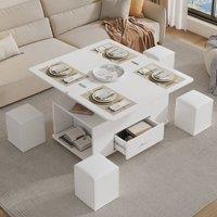 Merax Extendable Lift Top Coffee Table on Wheels with 4 Storage Stools in White