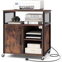 Costway File Cabinet on Wheels Mobile Lateral Filing Cabinet w/ Charging Station in Brown