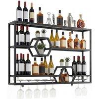 Costway 3 Tier Metal Wall Mounted Wine Rack with Glass Holder in Black