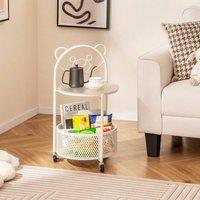 FORGEVIO Mobile Glass Coffee Table 2-Tier Round End Table with Bear Pattern in White