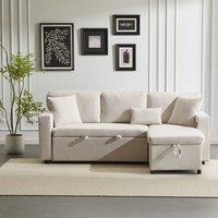 Tokpiedi 3 Seater L-Shaped Sectional Sofa Bed with USB Charging & Side Shelf in Beige