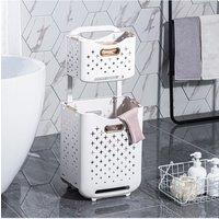 H&O Direct 2-Tier Foldable Laundry Baskets with Casters in White