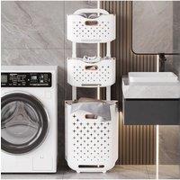 H&O Direct 3-Tier Foldable Laundry Baskets with Casters in White