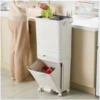 Living and Home 49L 3-Tier Rolling Dustbin Dry Wet Separation Trash Bin with 2 Inner Buckets ( Detachable ) in White