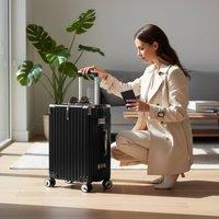 Infinity Leather Hard Shell Alloy Frame Cabin Suitcase 36 x 24 x 56 cm Luggage in Black