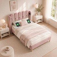 BTM 3FT Velvet Bed USB Type C Wooden Slats Pink | Size: Single
