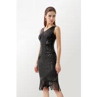 Women's Vintage V Neck 1920s Flapper Fringed Sequin Dress in Black | Size: Small