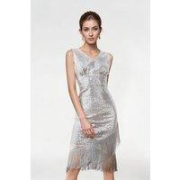 Women's Vintage V Neck 1920s Flapper Fringed Sequin Dress in Silver | Size: XL