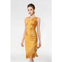 Women's Vintage V Neck 1920s Flapper Fringed Sequin Dress in Gold | Size: Small