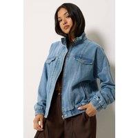 PixieGirl Women's Petite Funnel Neck Denim Trucker Jacket in Mid Blue | Size: 10