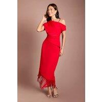 Coast Women's Drape Sleeve Asymmetric Fringed Hem Midi Dress in Red | Size: 8