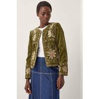 Monsoon Women's Magda Floral Embroidered Velvet Jacket Green | Size: Small