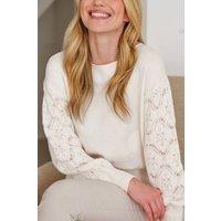 Pure Collection Women's Wool Blend Crochet Sleeve Sweater in Soft White | Size: 20
