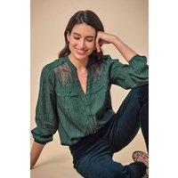 Pure Collection Women's Notch Neck Lace Trim Blouse in Emerald | Size: 12