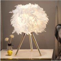 Living and Home White Feather Lampshade Tripod Table Lamp Fixtures Decor - Warm Light