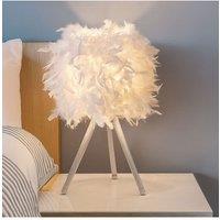 Living and Home White Feather Lampshade Tripod Table Lamp Fixtures Decor - Warm Light