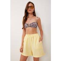 Happiness Istanbul Women's High Waist Wide Leg Cotton Shorts in Lemon | Size: Large
