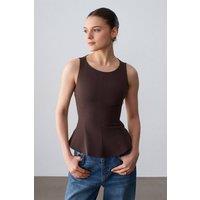 Dilvin Women's Fitted Sleeveless Crepe Peplum Blouse in Chocolate | Size: Medium