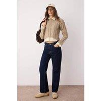 WOVCOR Women's Cropped Cable Knit Jumper with Shirt Panel Detail in Beige | Size: Medium