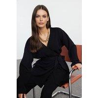 WOVCOR Women's Oversized Tie Waist Knit Top & Wide Leg Pants Two Piece Set in Black | Size: Large