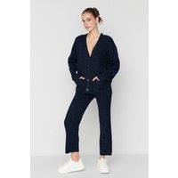 WOVCOR Women's 2-Piece Set Ribbed Knit Cardigan & Wide Leg Trousers in Navy | Size: XS
