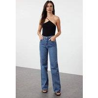 WOVCOR Women's High Waist Wide Leg Jeans With Pocket Details in Blue | Size: 16