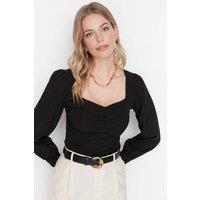 WOVCOR Women's Woven Blouse with Gathered Detail in Black | Size: 14
