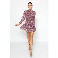 WOVCOR Women's Chiffon Mini Woven Dress with Belted Flounce Skirt in Burgundy | Size: 8