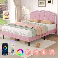 Matteo Women's Pink Velvet Double (4ft6) Bed Frame with LED Adjustable Shell Headboard