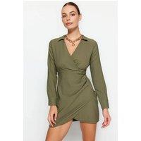 WOVCOR Women's Woven Wrap-Style Mini Dress With Belted Detail in Khaki | Size: 14