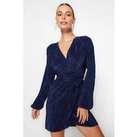 WOVCOR Women's Pleated Wrap Mini Knit Dress with Belt Detail in Navy | Size: 8