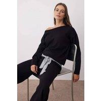 WOVCOR Women's Boat Neck Knit Sweater & Wide Leg Trousers Co-Ord Set in Black | Size: Large