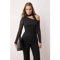 WOVCOR Women's Floral Asymmetric Neck Fitted Tulle Knit Blouse with Belt Detail in Black | Size: XL