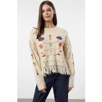 WOVCOR Women's Embroidered Fringe Hem Textured Knit Sweater in Ecru | Size: Medium