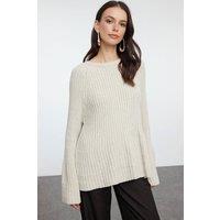 WOVCOR Women's Loose Fit Ribbed Knit Sweater with Long Sleeves in Stone | Size: Large