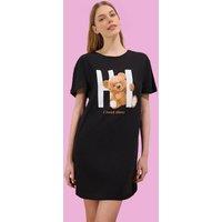 WOVCOR Women's Teddy Bear Slogan Print Cotton Short Sleeve Nightdress in Black | Size: Large